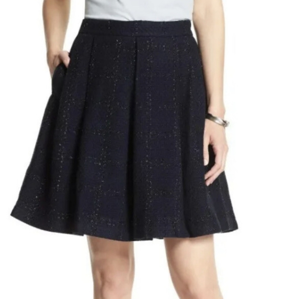 Banana Republic Navy Metallic Plaid Jacquard Tweed Pleated Twee Circle Skirt